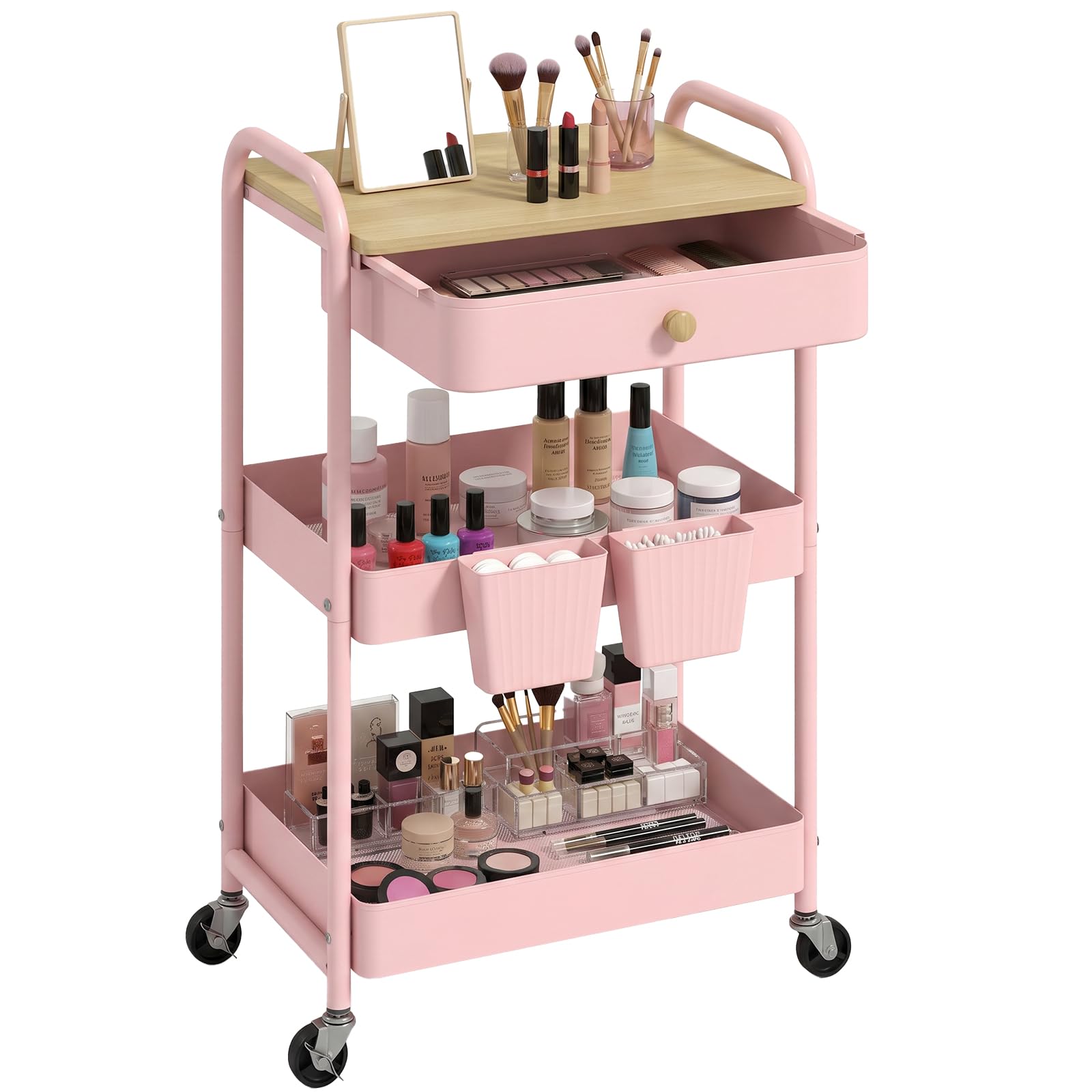 danpinera 3 Tier Rolling Cart, Metal Utility Cart with Wooden Table Top & Drawer, Rolling Carts, Storage Cart with Hanging Cups for Kitchen, Bathroom, Office