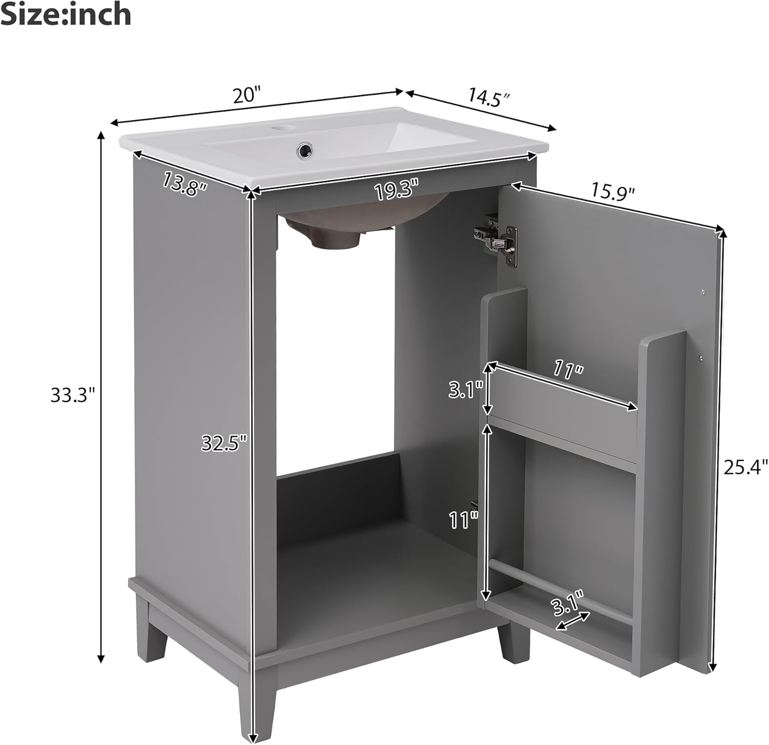 20 Inch Bathroom Vanity with Sink, Small Freestanding Bathroom Vanities with Soft-Close Door, Modern Single Sink Vanity Combo with Door Organizer for Small Bathrooms, Gray