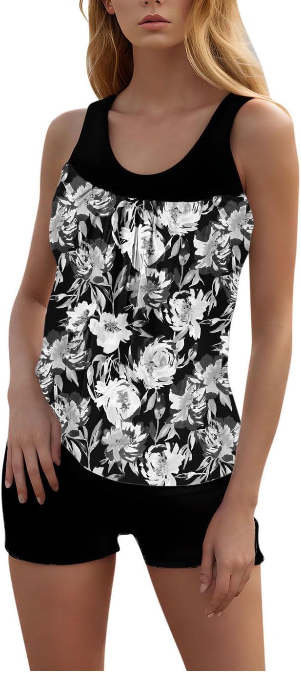 Women's Two Piece Tankini Swimsuits Blouson Swim Tank Top with Boyshorts Athletic Bathing Suits Hide Belly Swimwear