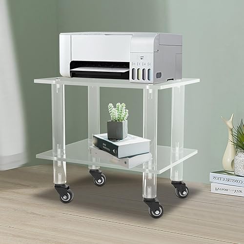 Miniatura 3 de Soporte para impresora, mesa de impresora de acrílico transparente de 2 niveles con ruedas, moderno carrito rodante independiente para oficina y