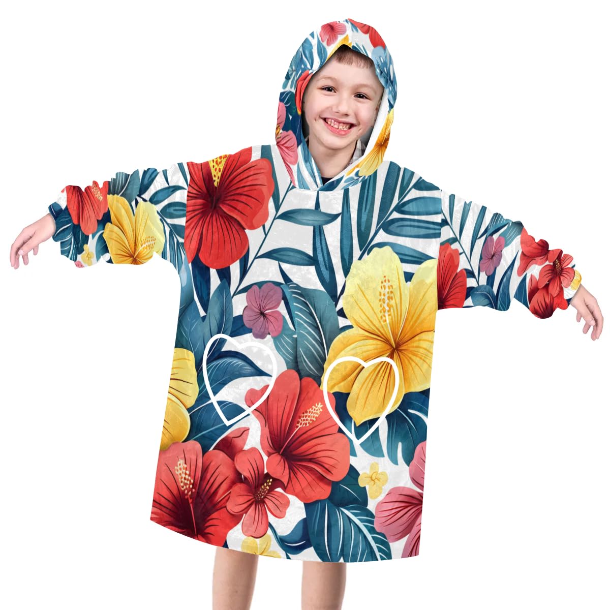 Pardick Wearable Blanket Hoodie for Kids, Glitter Flowers Fleece Sweatshirt Blanket Oversized Blanket Sweatshirt with Pocket Flannel Warm Hooded Blanket 6-10 Year Old Girl Boy Gift, One Size