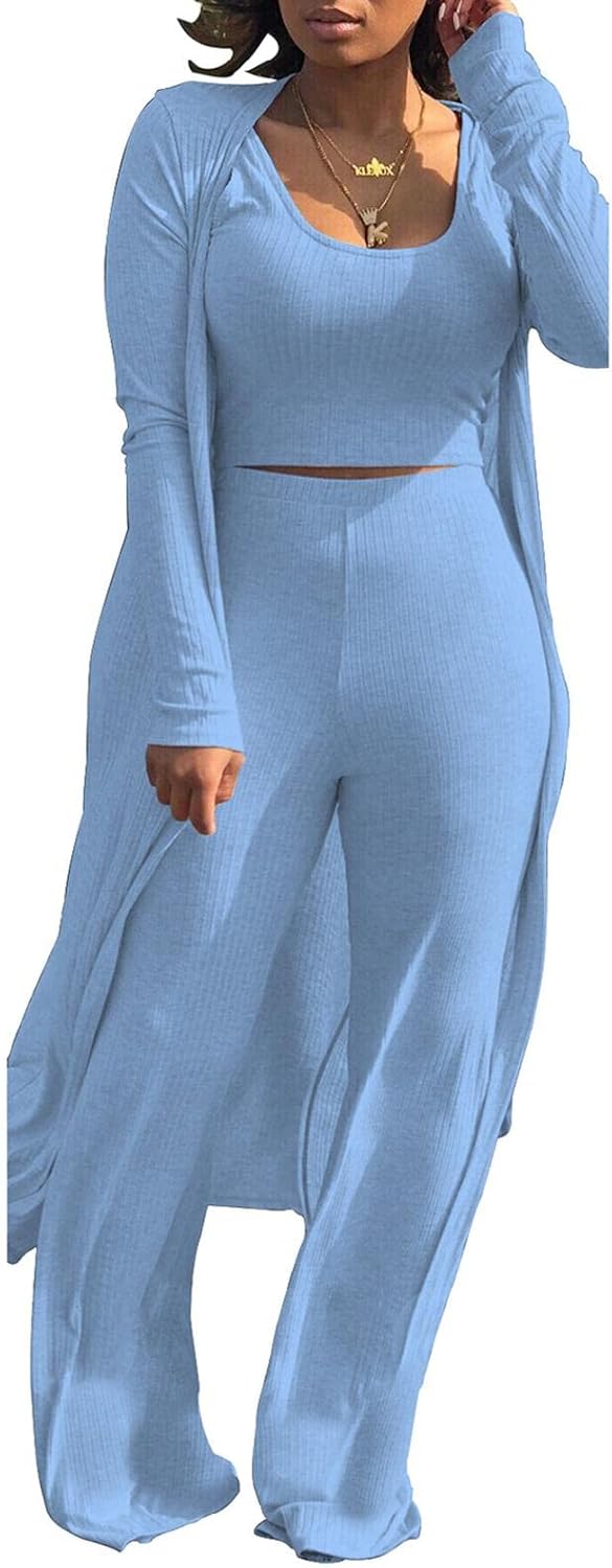 HANMAX Women's Tracksuit Winter Autumn Knitted Long-sleeved Blazer Coat Tank Long Pants Three Piece Sets Outfit