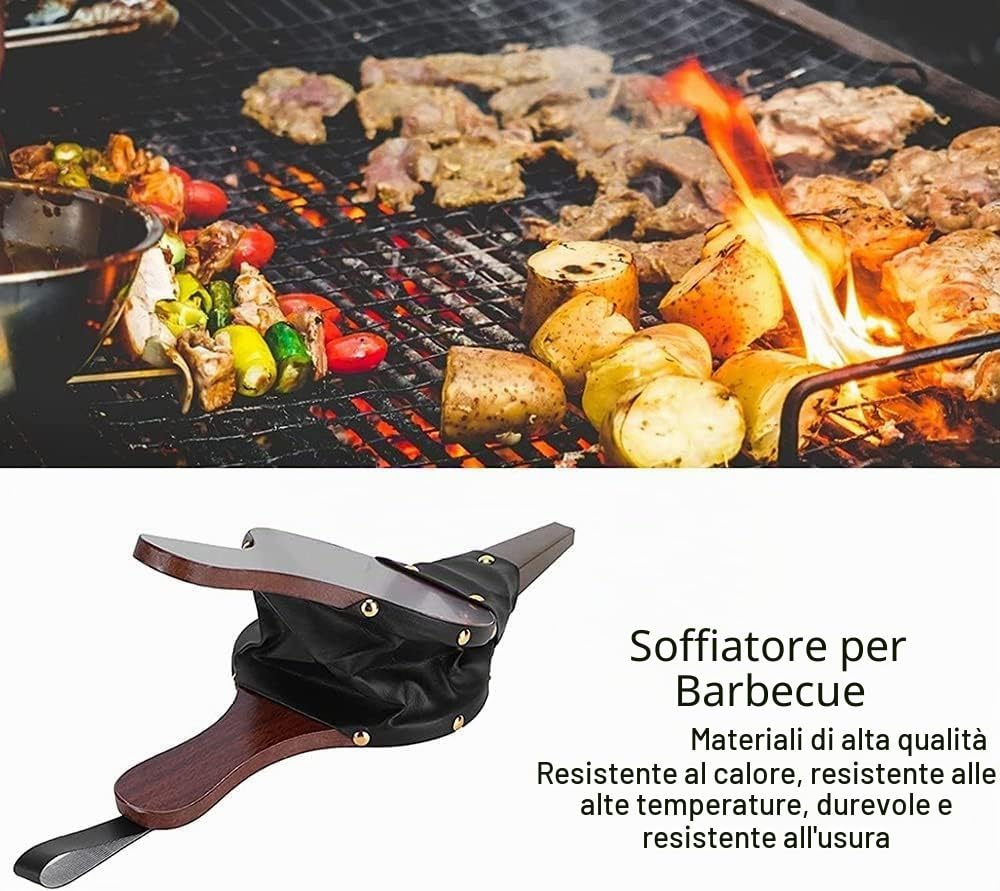 Soffietto a chiodi dorati, soffiatore d'aria in legno, soffietto in plastica, caminetto e barbecue, per barbecue, per esterni, 43 x 19 cm