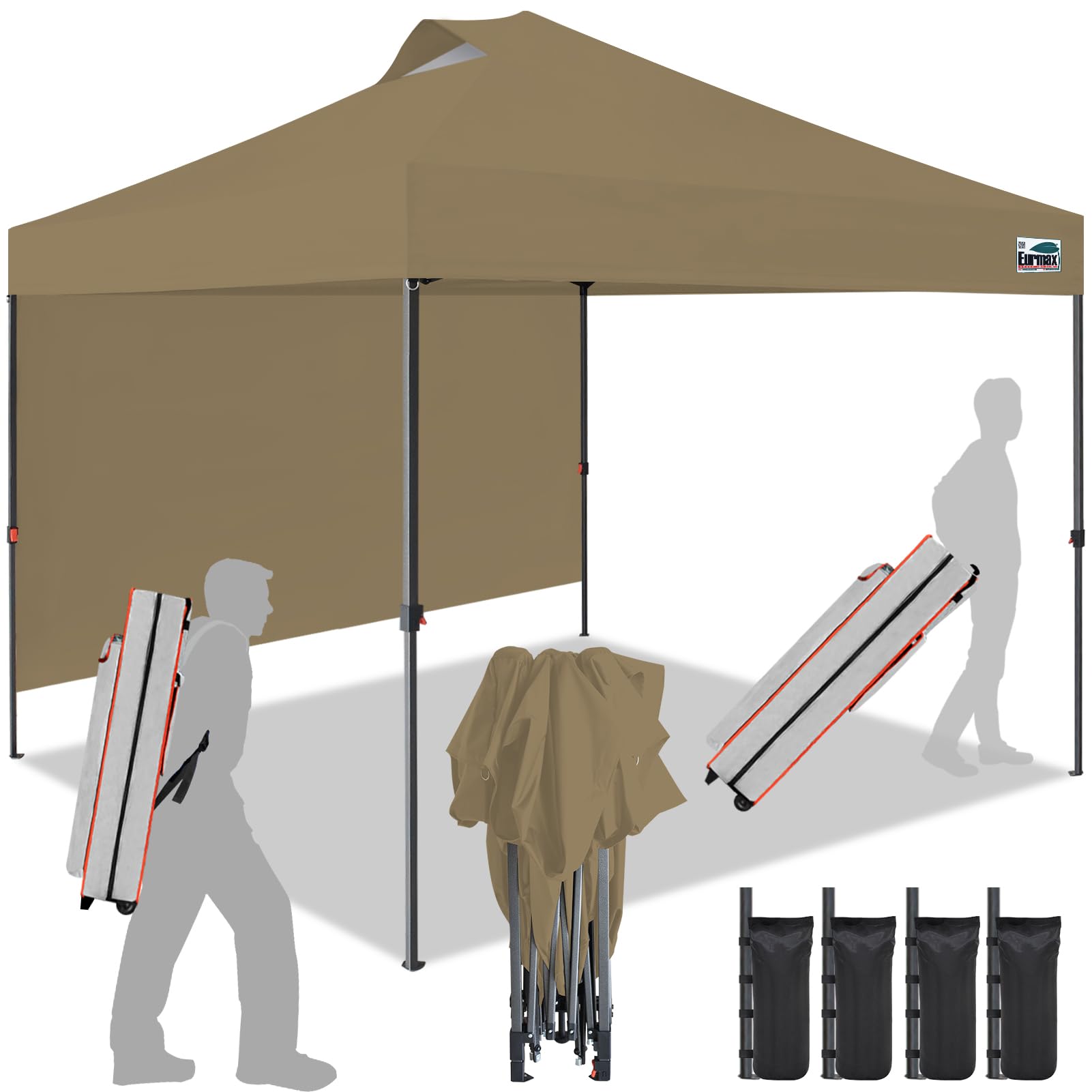 eurmax usa nomatter one-person open&close 10x10ft pop up canopy tent,portable shelter canopy for outdoor events with 1 removable sidewall,instant canopies,temporary sunshade,bonus 4 sand bags(khaki)