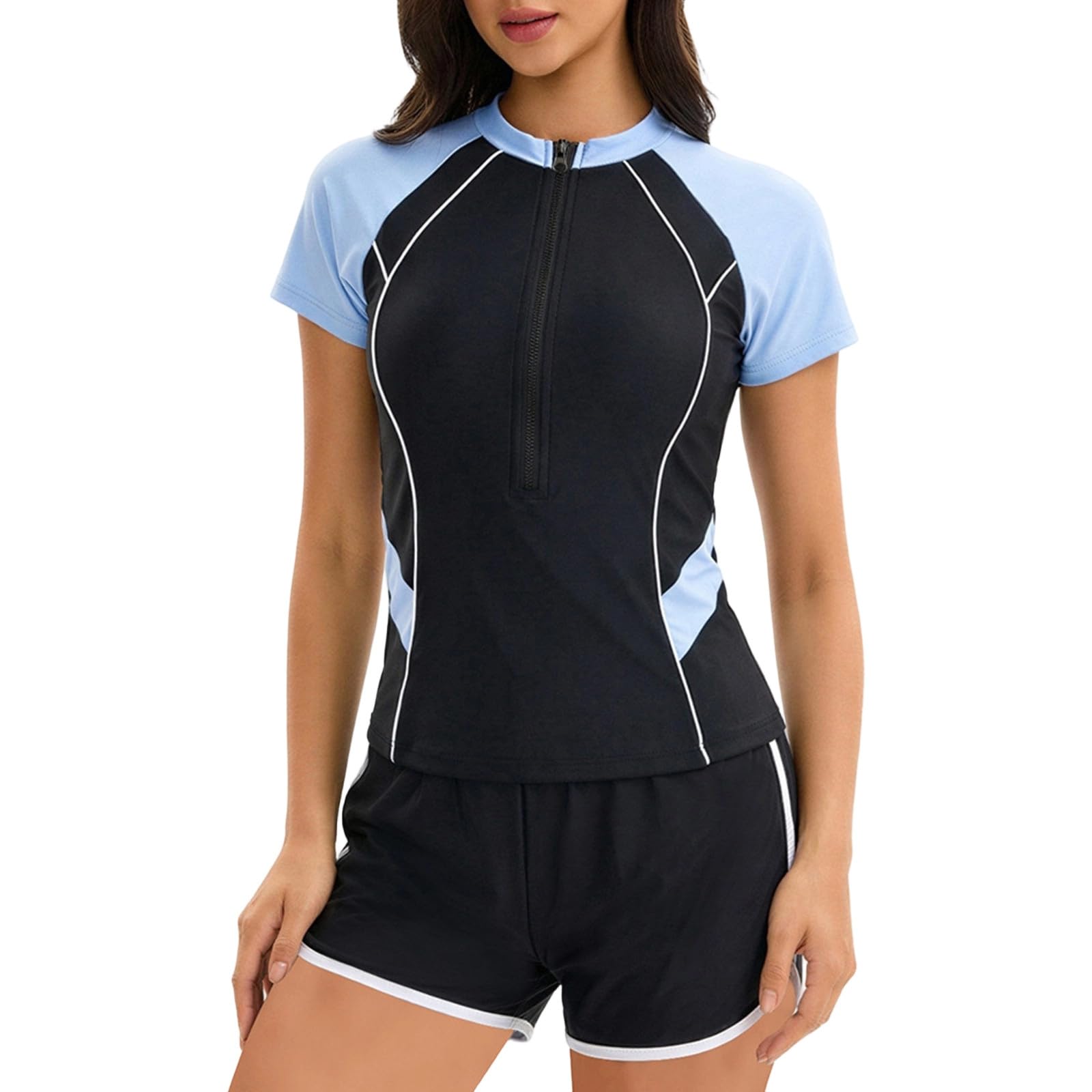 Traje baño Rash Guard Tankini Media Cremallera Manga Corta Mujer Color Block