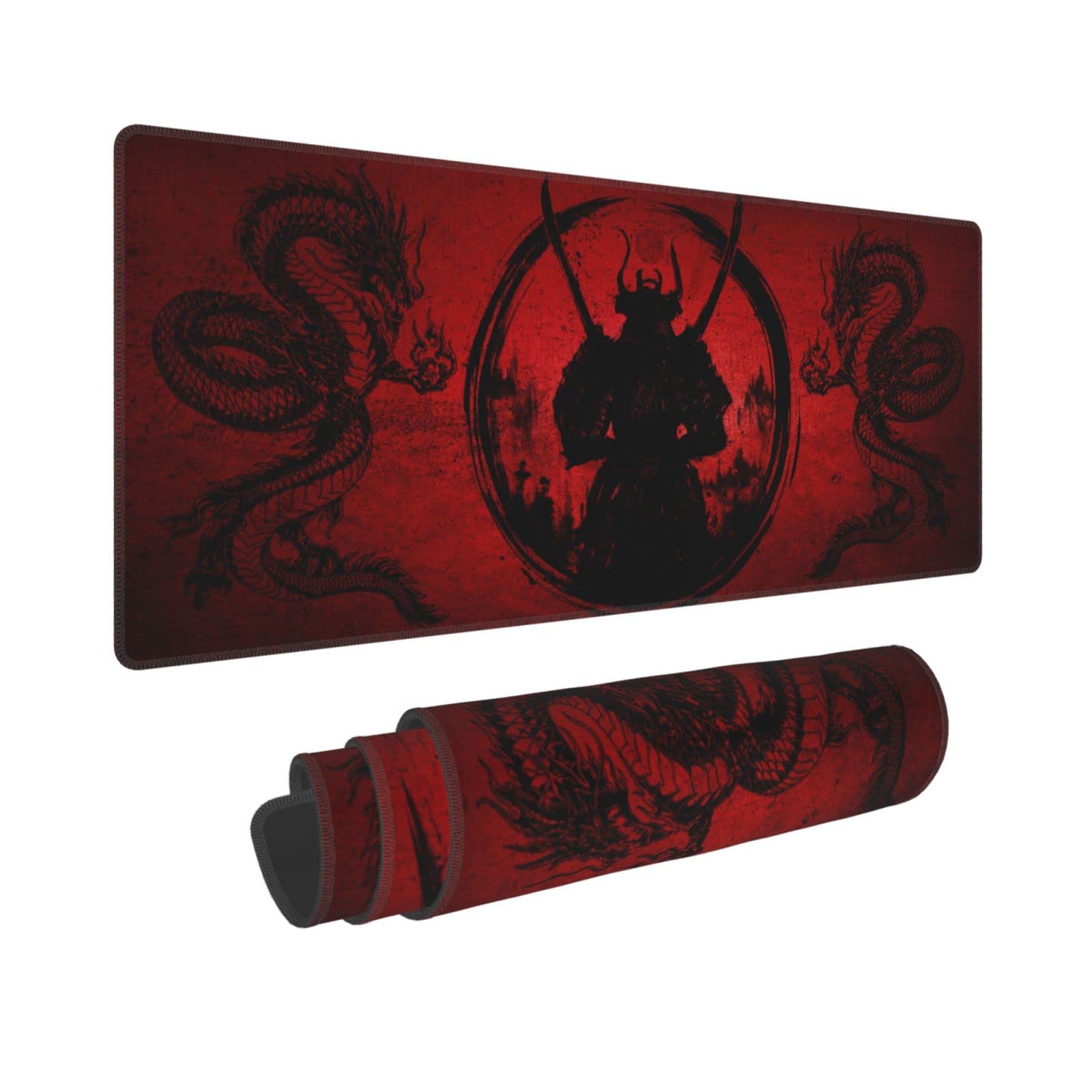 GianlaimaJapanese Samurai Bushido Cool Anime Red and Black Dragon Mouse Pad Long Extended XL Mousepad Desk Pad Gaming Pc Desktop Large Rubber Mice Pads Stitched Edges 31.5'' X 11.8''
