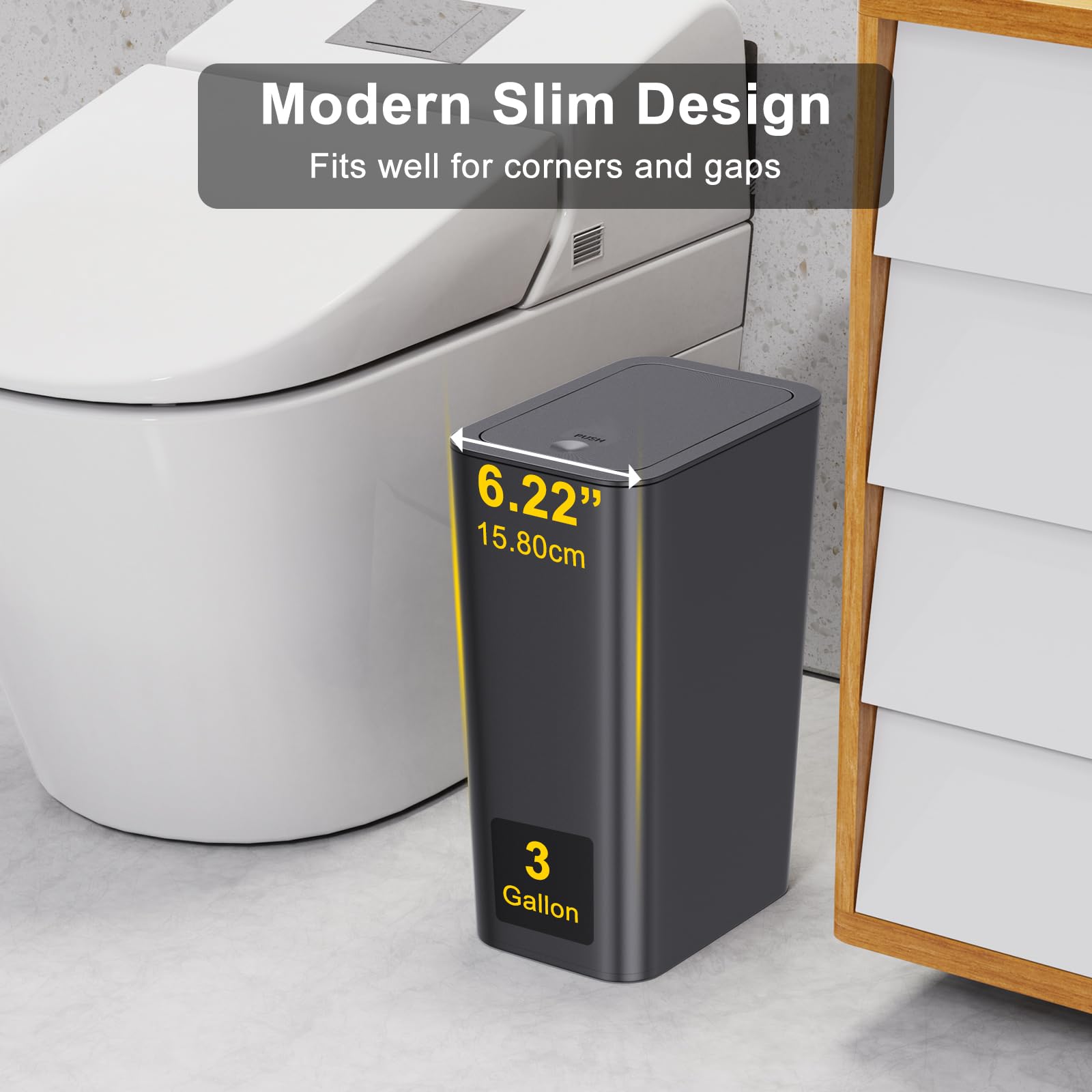 Photo 1 of ***MISSING PARTS*** N. NETDOT 3 Pack Small Trash Can with lid, 3 Gallon Bathroom Trash Can,Garbage Can Slim Trash Bin Waste Basket for Bathroom,Kitchen,Bedroom,Living Room,Office,Laundry - Off White,Black,Grey