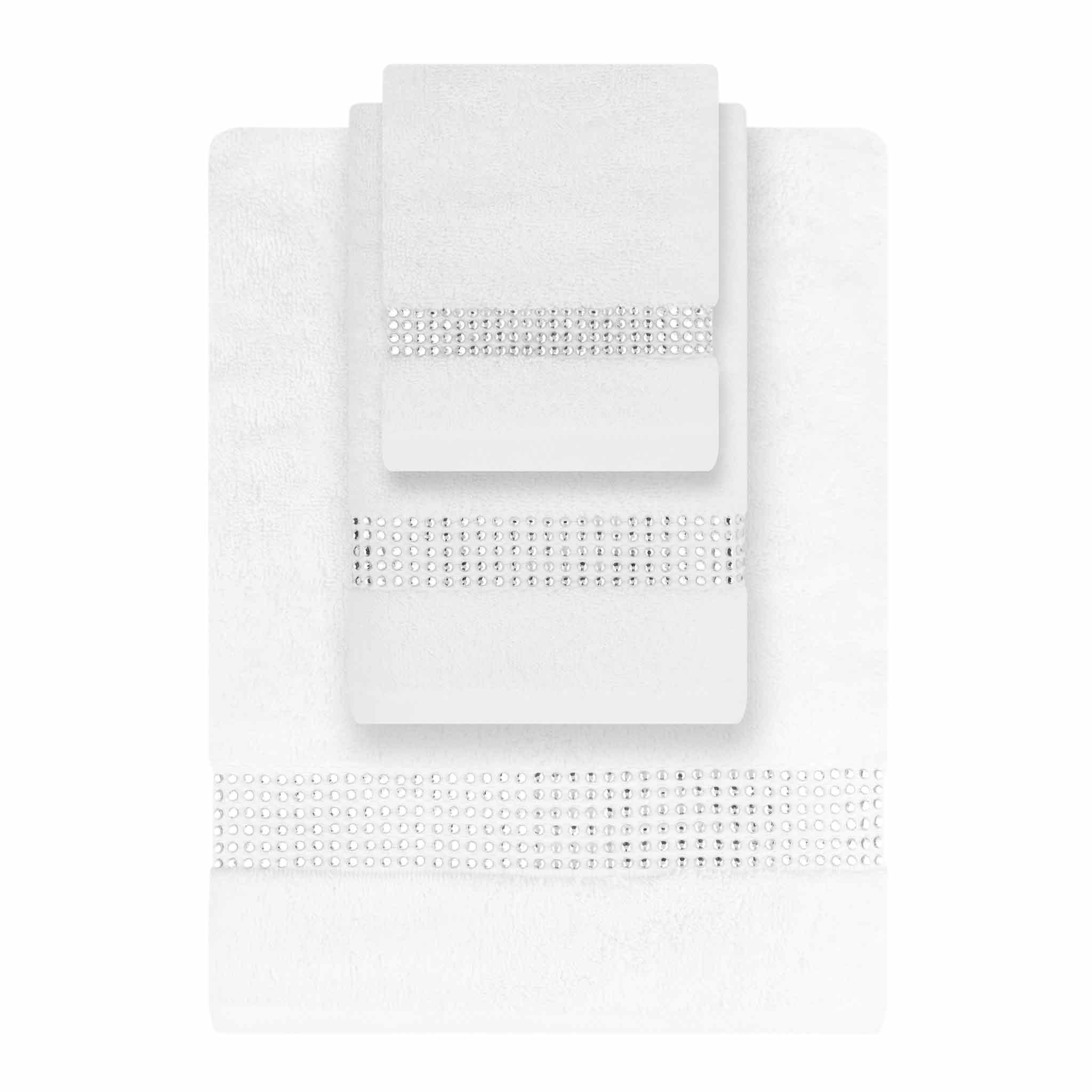 Stripe 3 Piece Towel Set, Durable, Sparkling Rhinestones on Cotton Terry Cloth, for Sophisticated Bathroom Decor, White, One Bath, One Hand, One Tip
