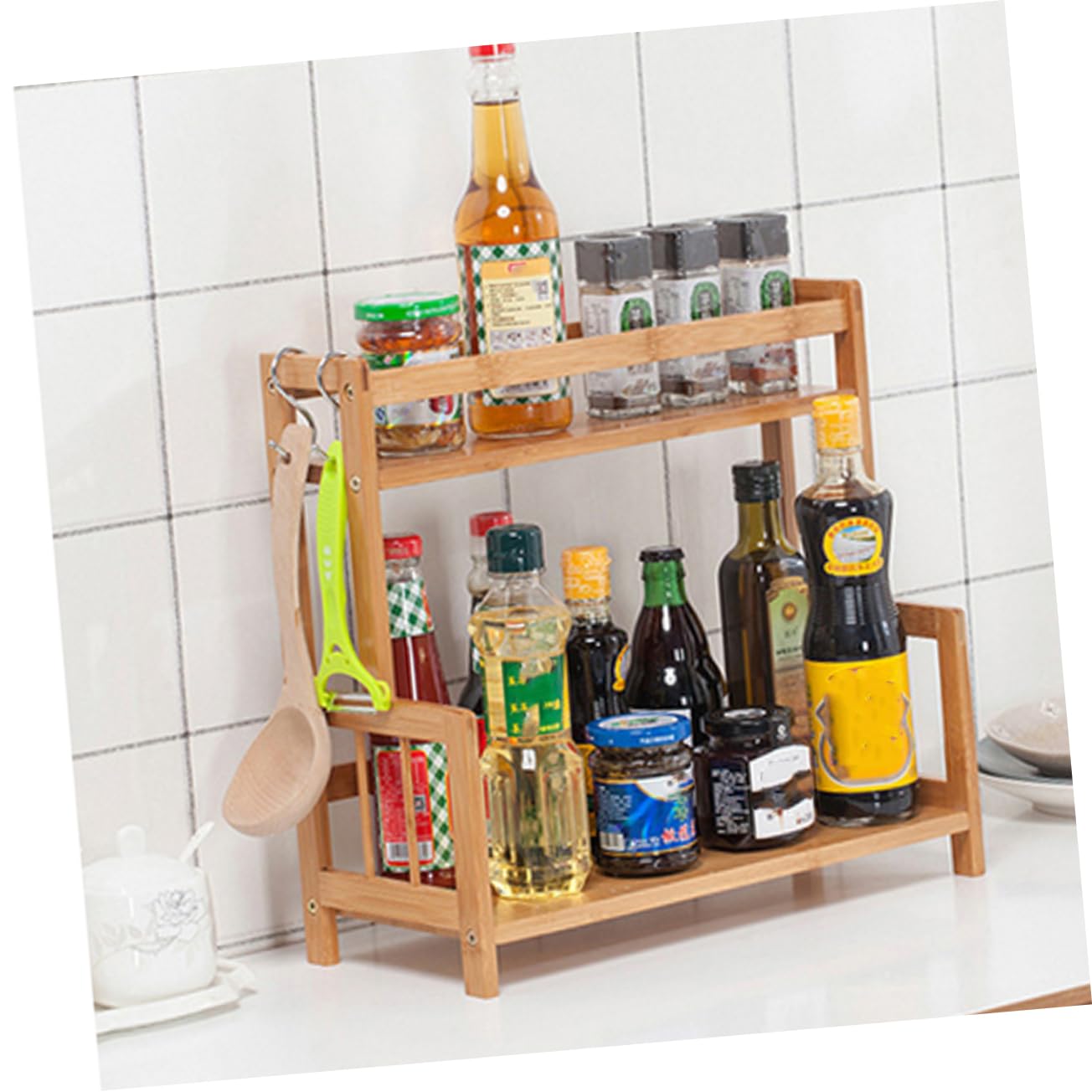 Mikinona Étagère à Épices en Bambou à Deux Niveaux pour Comptoir | Beige, Rangement des Assaisonnements, Usage la Cuisine ou Ailleurs, Format Compact