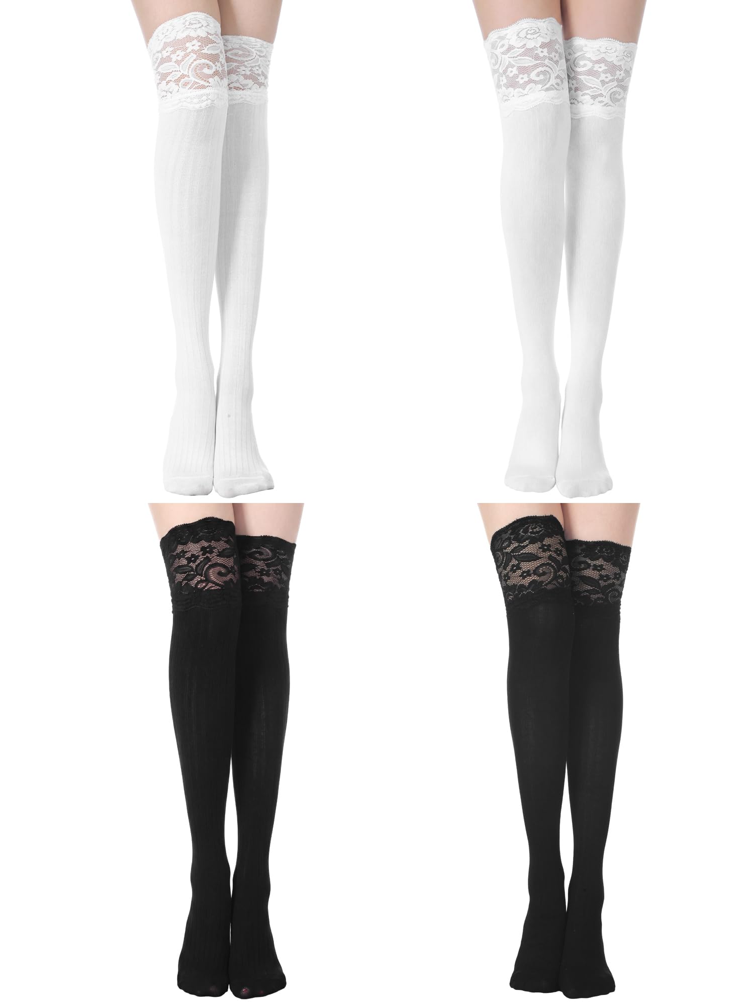 Fourluoo 4 Pairs Knee High Lace Socks