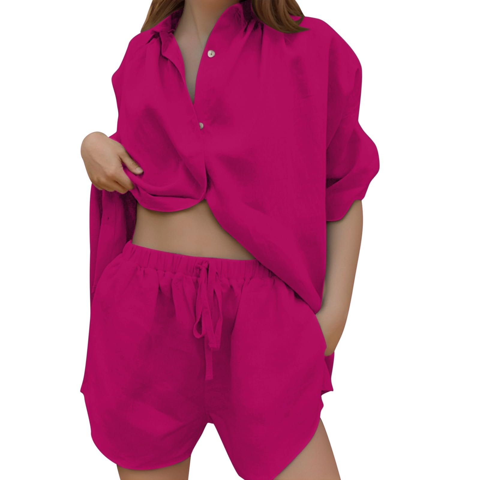Generisch Set da donna a due pezzi con gamba larga e risvolto, vestibilità ampia, per il tempo libero e l'ufficio, tinta unita, in misto viscosa traspirante, taglie S-2XL