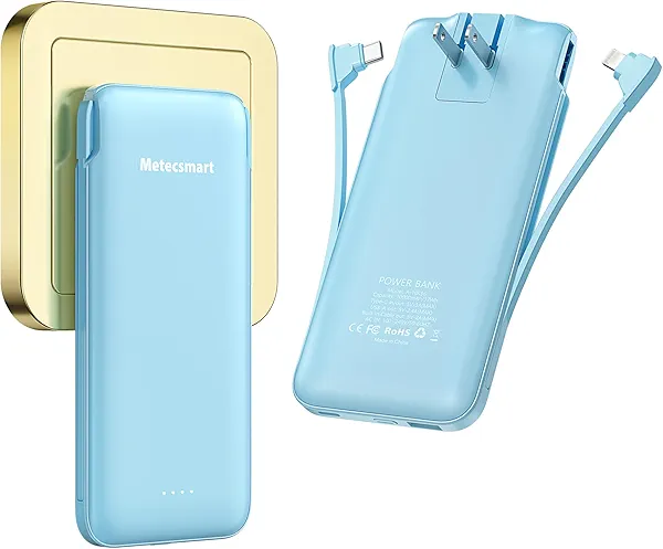 Metecsmart Portable Charger Power Bank with Built-in Cable & AC Plug, 10000mAh Fast USB-C Charger, Slim Mini Battery for iPhone 16/15/14/13/Pro/Max & All USB-C Devices