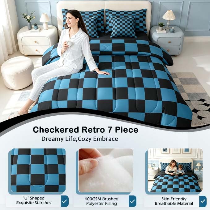 Image of Feelyou Checkered 7 Piece Bedding Set Teen Blue Black Plaid Comforter Set with Sheets King Size Kids Boys Cute Retro Neutral Checkerboard Geometric Bed in a Bag Vintage Aesthetic Room Decor