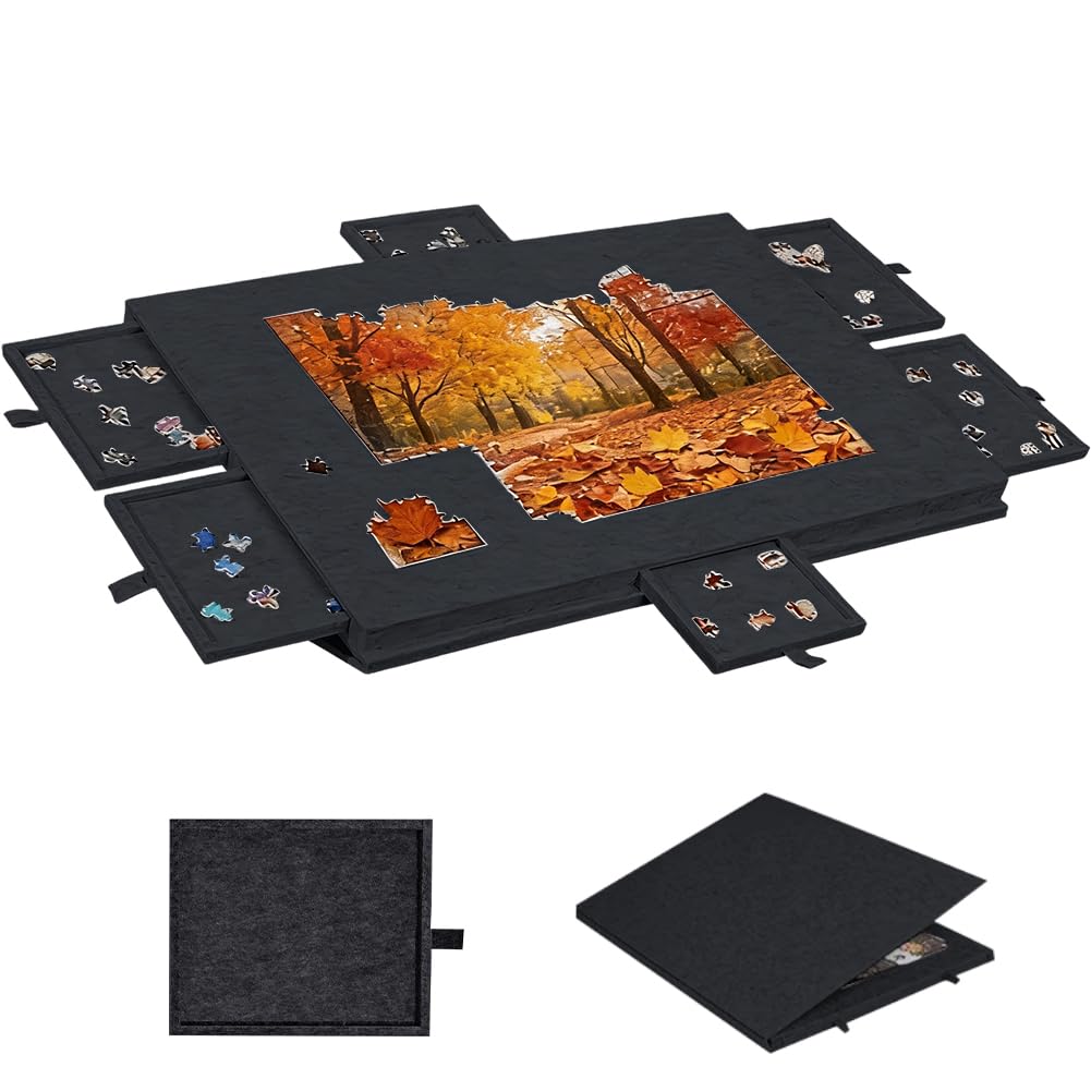 Deska do puzzli z 6 szufladami, stół do puzzli, 1000 elementów, stojak 2 w 1 i pokrywa, super lekki filcowy stół do puzzli, przenośny, na 1000 elementów (czarny)
