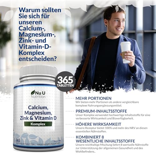 Calcium Magnesium Zink Hochdosiert - 365 Vegetarische Tabletten - 6 Monate - Kalzium Complex mit Vitamin D, Selen, Mangan, Bor & Kupfer - 800mg Calciumcarbonat pro Tagesdosis - Nu U Nutrition