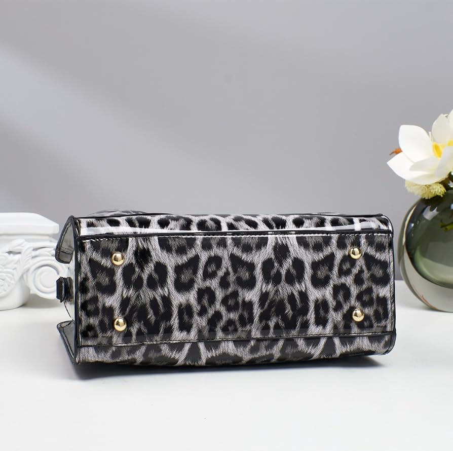 Bolso tote de cuero con estampado leopardo y moño de pedrería miniatura 7