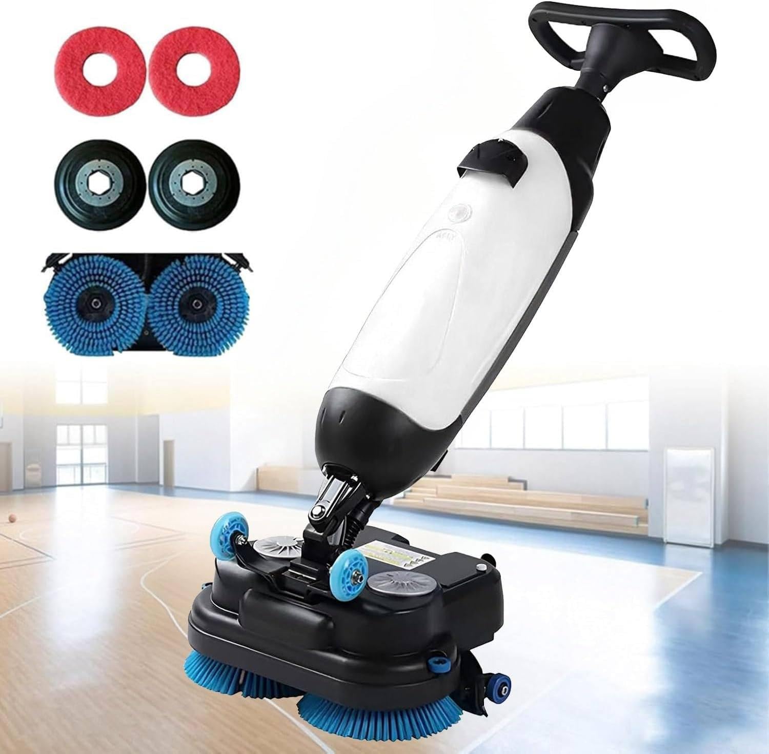 RoyceBee Commercial Floor Scrubber Machine, 17" Walk-Behind Floor Scrubber Buffer Polisher Machine with Dual Brushes, Floor Cleaner with Cordless Rechargeable Lithium Battery White