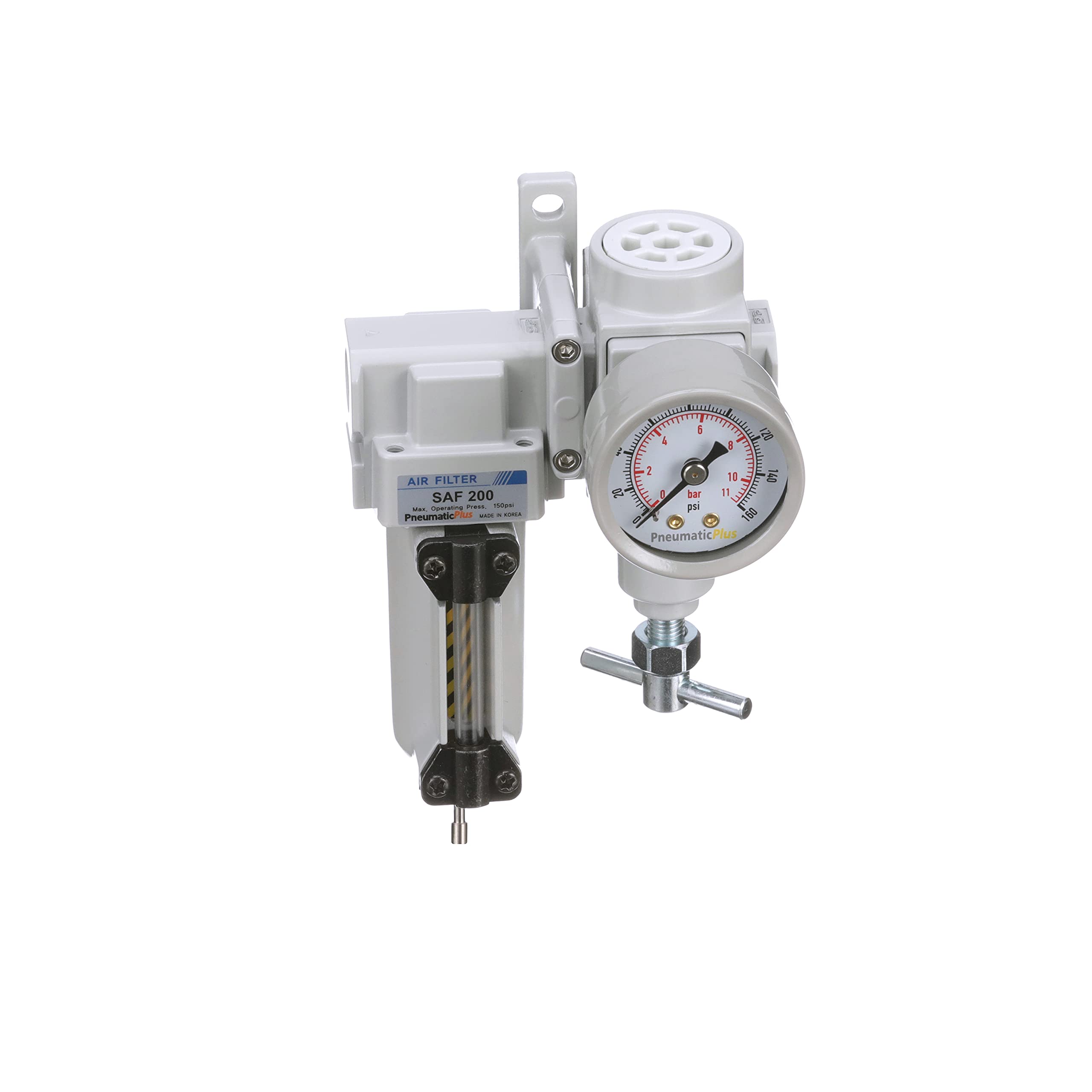 PneumaticPlus SAU220T-N02G-MEP Mini regulador de filtro de aire comprimido NPT de 1/4 pulgadas, mango en T, cuenco de metal, drenaje manual, soporte, medidor