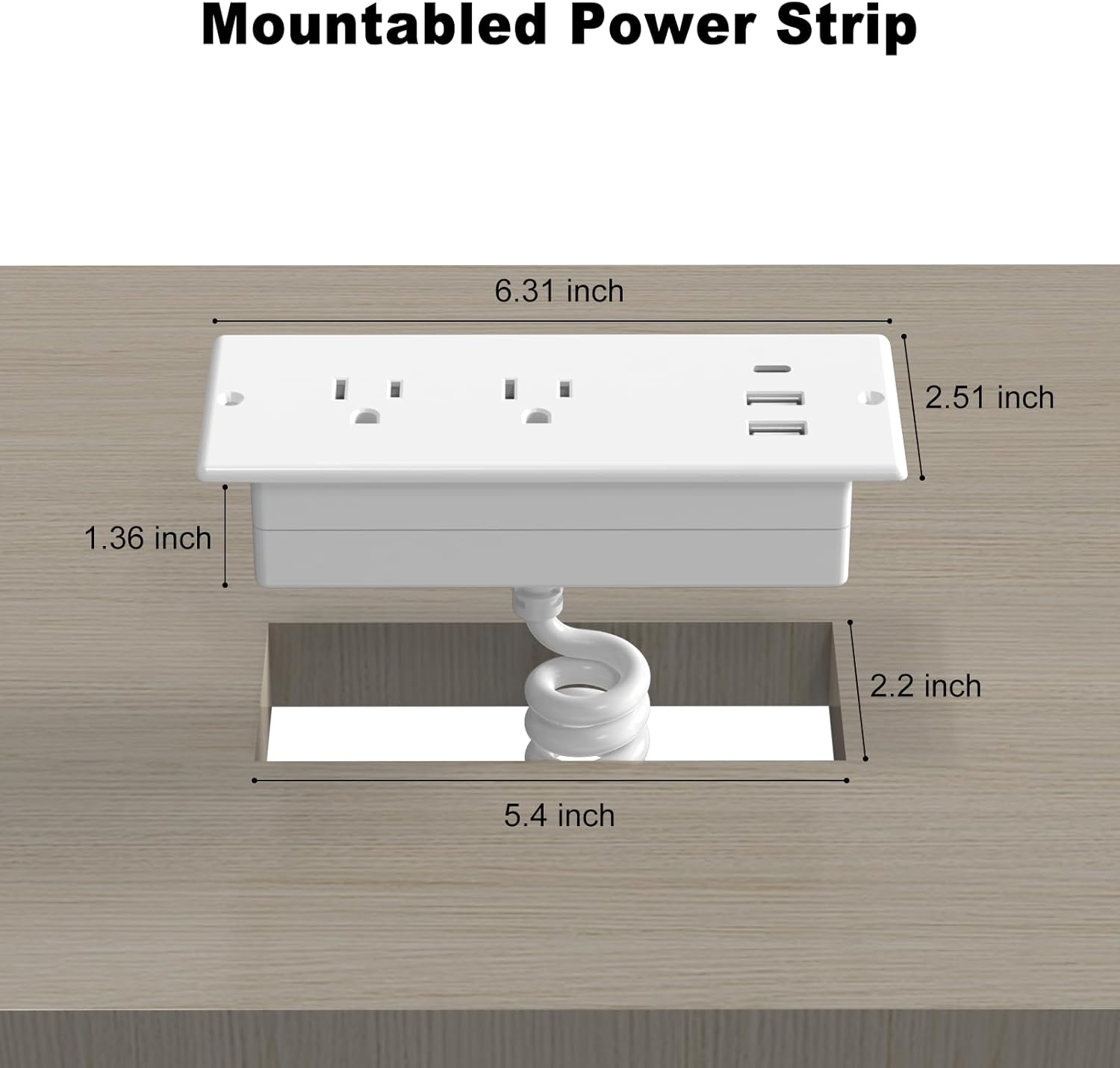 Furniture Drawer Outlet, IPX6 Recessed Power Strip Waterproof with (3) PD 20W USB Ports Fast Charging & (2) 15 Amp AC Outlets, (16 AWG) 6 FT White Spring Cord