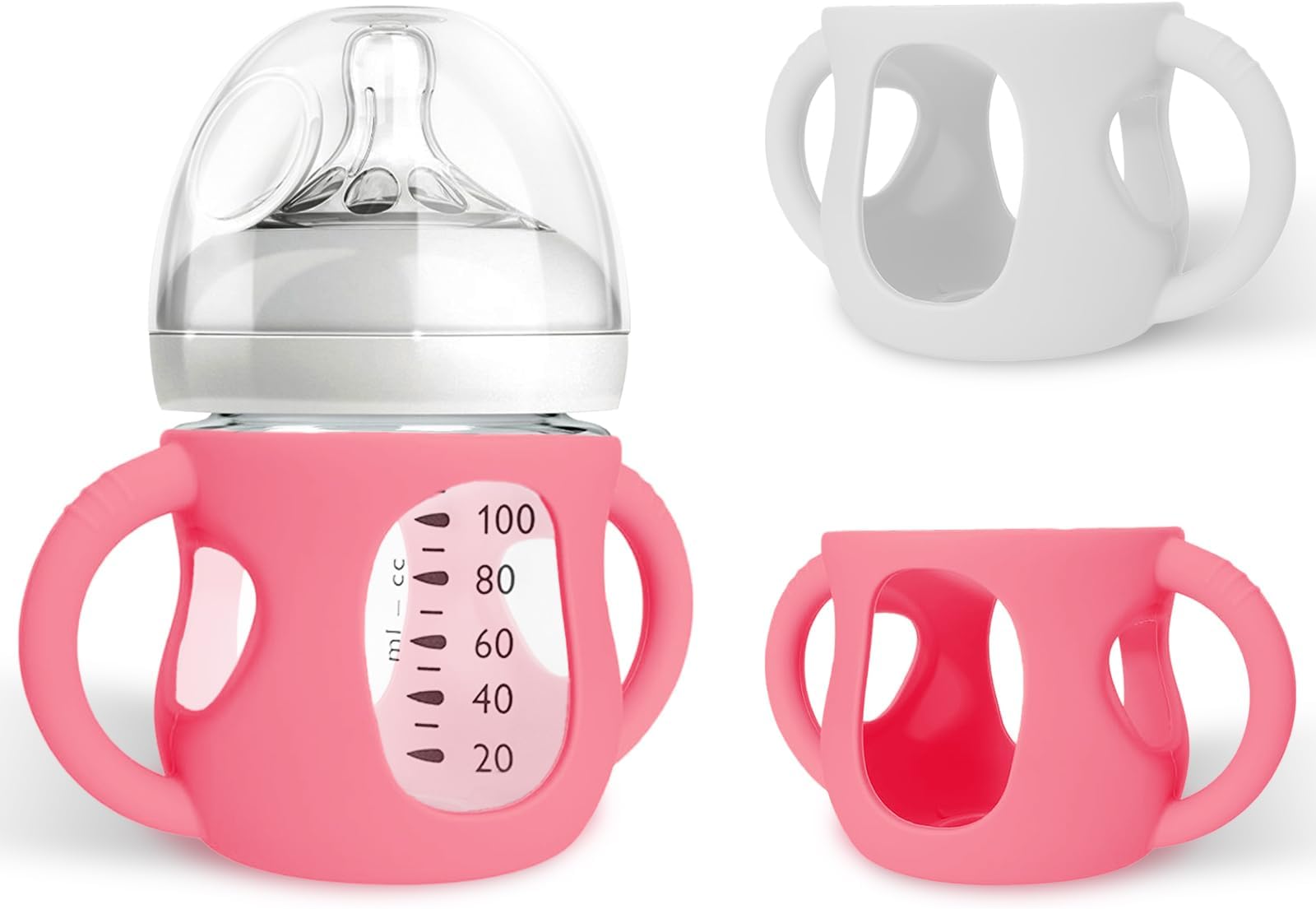 シリコンスリーブ Avent 天然ガラス 哺乳瓶用 BPAフリー 割れ防止 ハンドル付き哺乳瓶ホルダー (ピンク+ホワイト 4オンス)