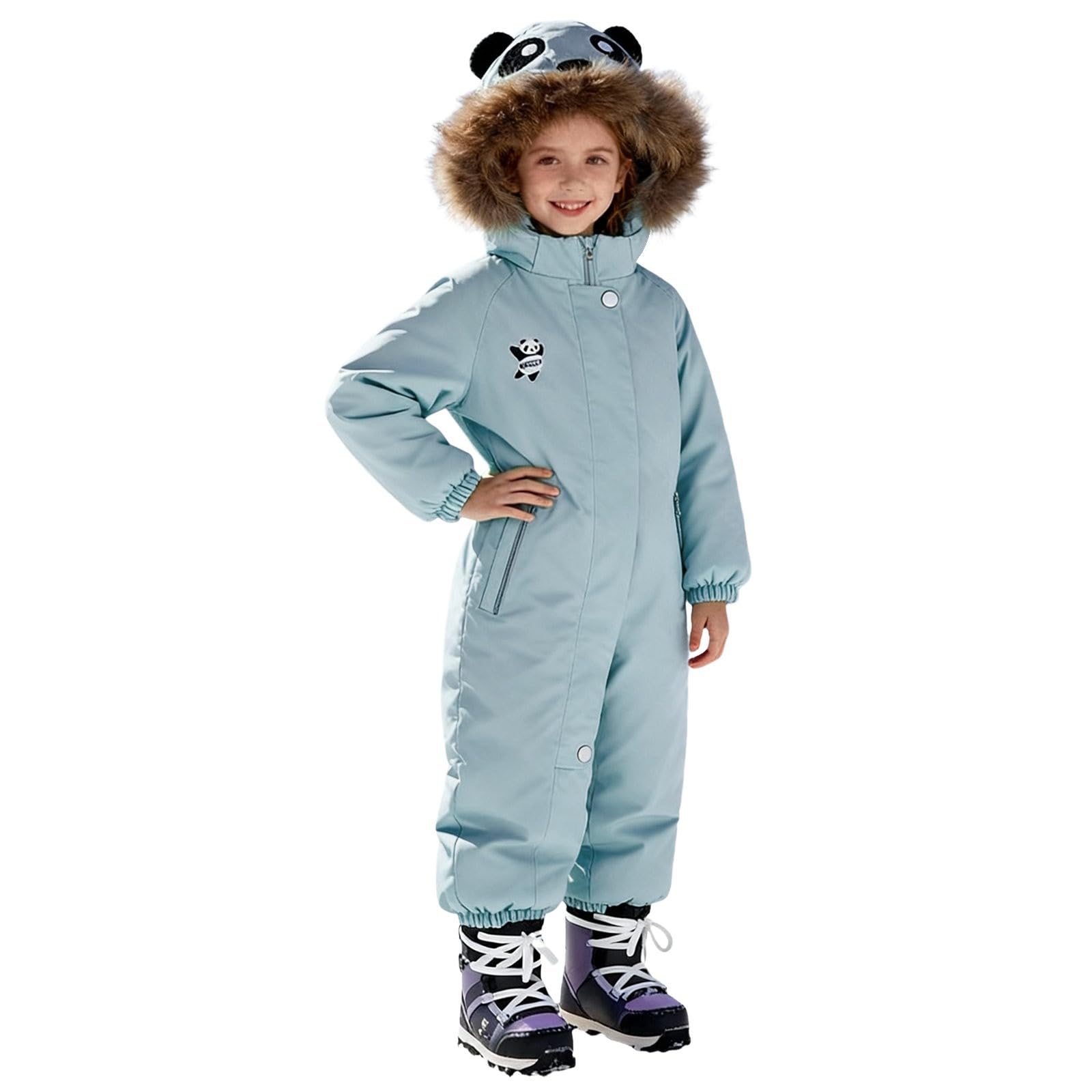 Mono de nieve con capucha de piel y bolsillos, traje de esquí para niños, cálido, resistente al viento, impermeable, traje de nieve de manga larga, traje de esquí para exteriores, chaqueta de nieve