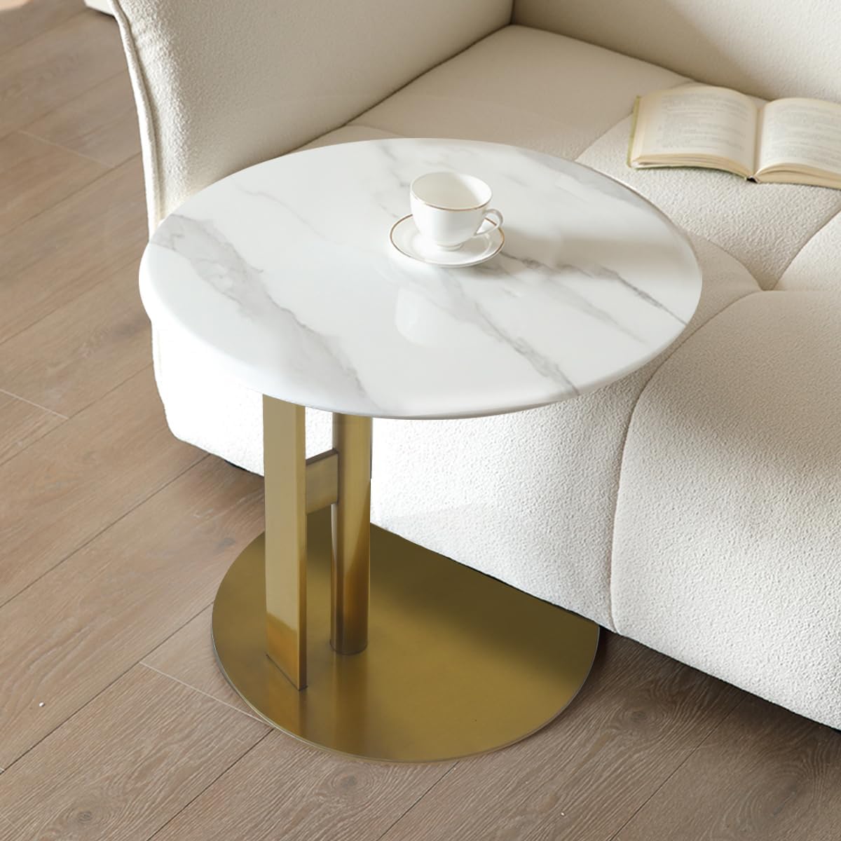 Natural Marble Round Table 20”, Sofa End Table, Modern Coffee Table Home Decor for Living Room with Sturdy Acrylic Transparent Base (Side Table Gold Stand)