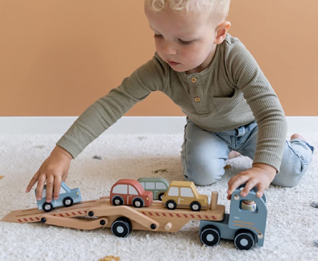 Little Dutch Autotransporter inkl. 4 Autos und Spielfigur Holz Kinder - blau
