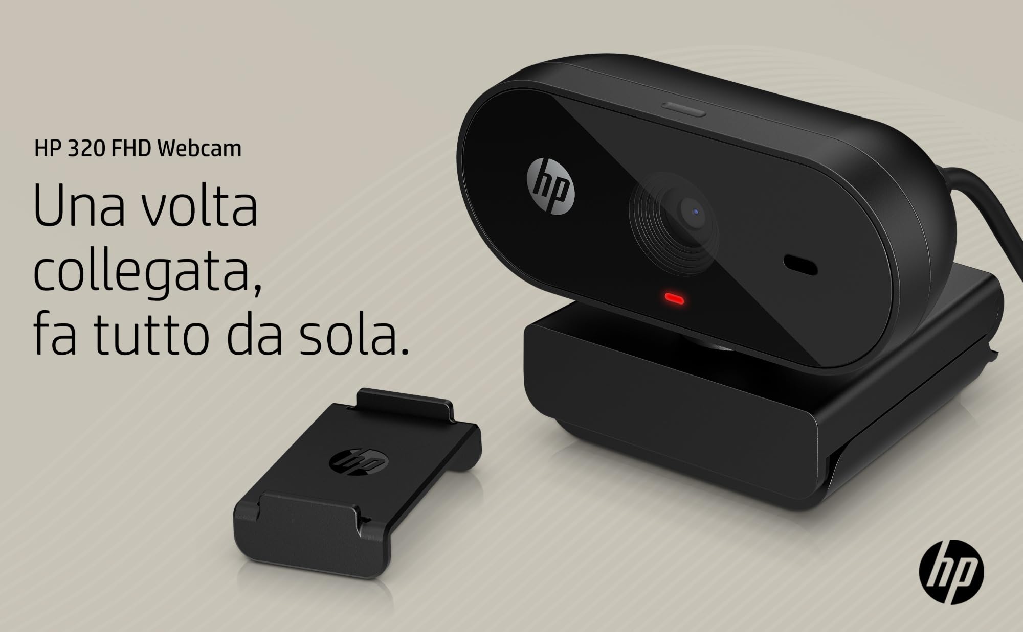 HP 320 Webcam FHD 1080P, USB, Grandangolare, Copriobiettivo, Angolazione regolabile, Correzione Automatica Luminosità, Certificata Works With Chromebook, Chrome OS, Windows 11, macOS, Nera