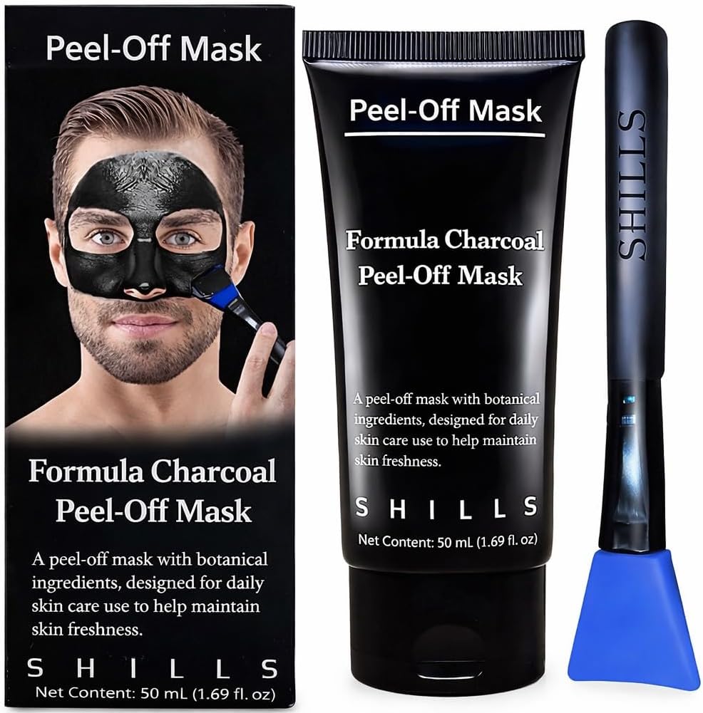 SHILLS Charcoal Mask for Men, 1 Bottle (1.69 fl. oz) and a Brush Set