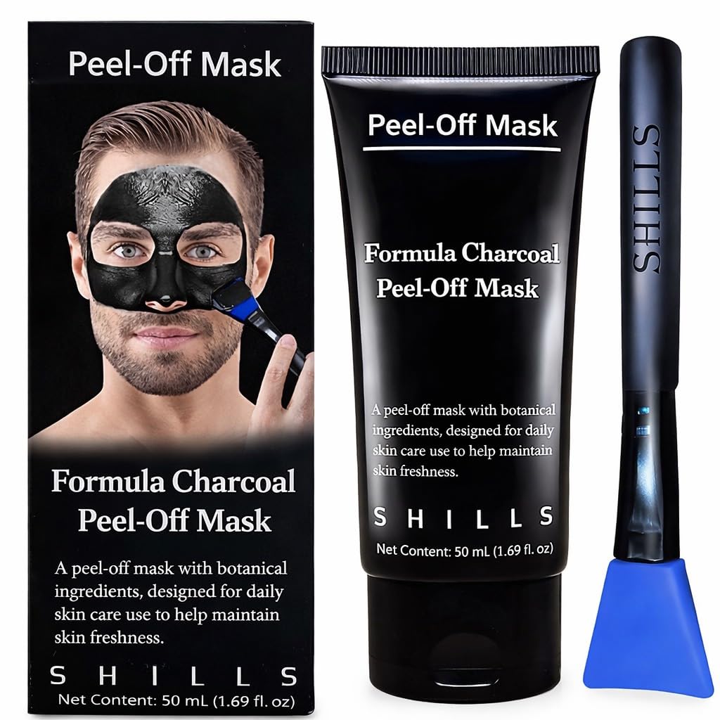 SHILLS Charcoal Mask for Men, Purifying Peel Off Mask, Face Mask Peel Off, Face Mask Deep Clean Pore, Blackhead Remover, 1 Bottle (1.69 fl. oz) and a Brush Set