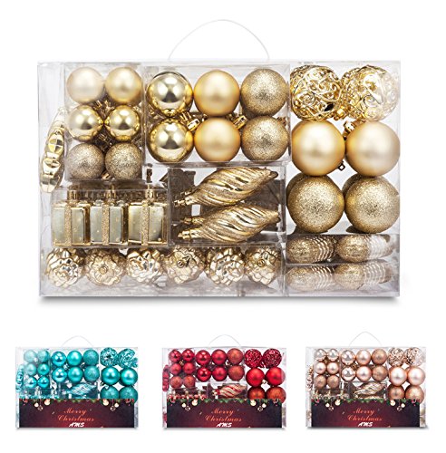 AMS 90ct Christmas Ball Assorted Pendants Shatterproof Tree Ornaments Seasonal Decorations in a Reusable Hand-Help Gift Box Ideal for Holiday and Party (Gold, 90ct)