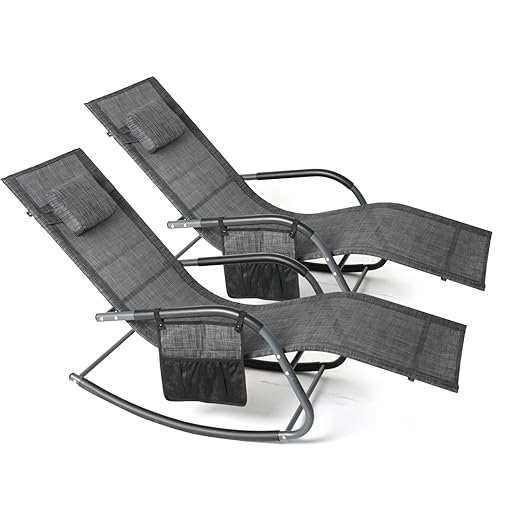 Wostore Rocking Lounger Patio Chaise Sunbathing Chair with Recliner Movable Sleep Bed Included Pillow and Breathable Texteline Farbic-Camouflage Grey Set of 2