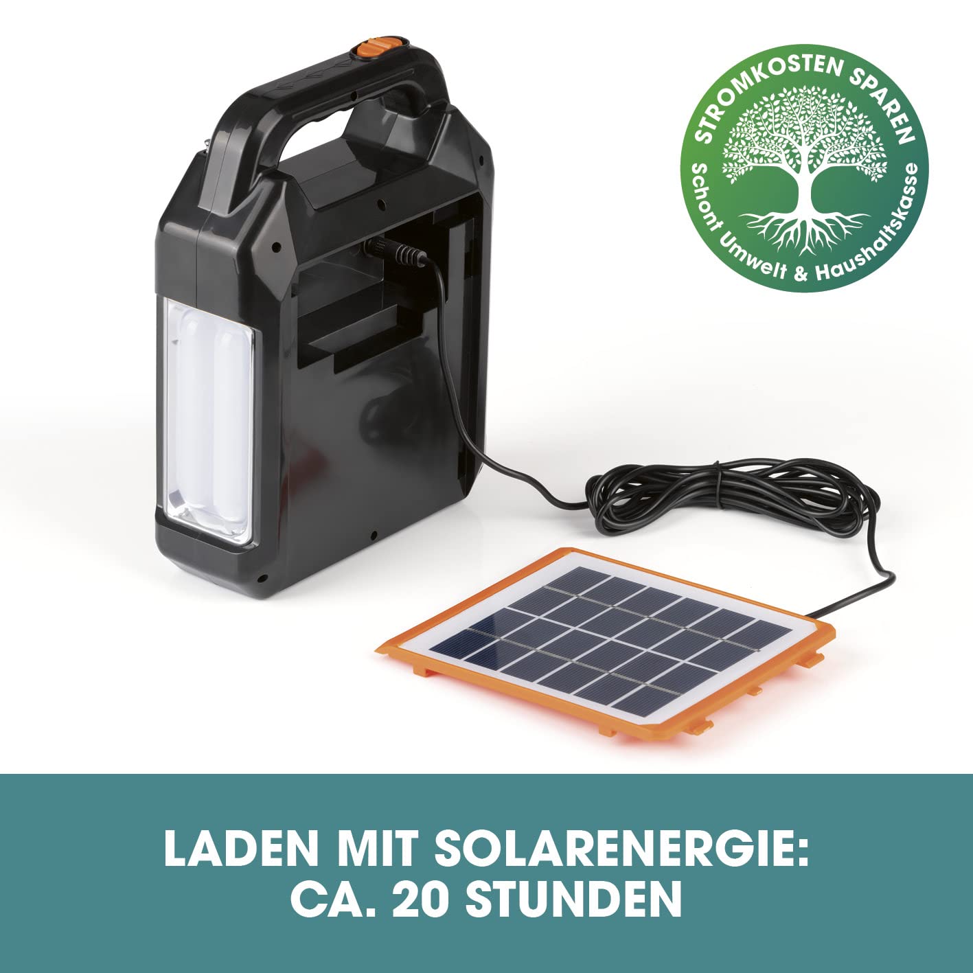 EASYmaxx Solar-Generator Kit 4500mAh | 2 Auflademodi: Solarpanel oder USB | Zum Aufladen von Handy, Powerbank, u.v.m. | Integriertes FM-Radio und Lautsprecher inkl. [Schwarz/Orange]