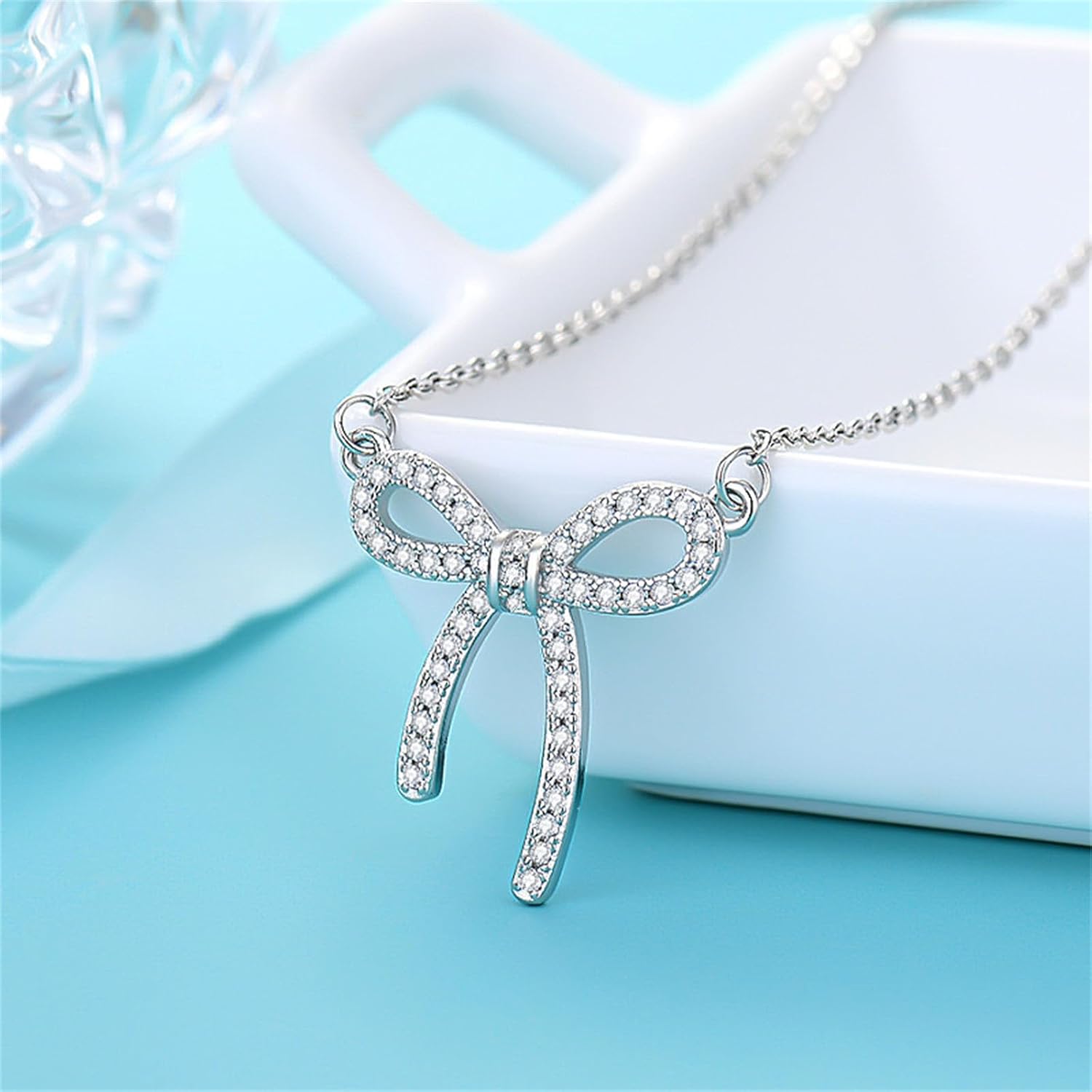 Rhinestone Bow Necklace Earrings Sets for Women Dainty Trendy Rhinestone Bowknot Pendant Necklace Gold Silver Bow Tassel Dangle Earrings Christmas Holiday Party Costume Jewelry - Image 6