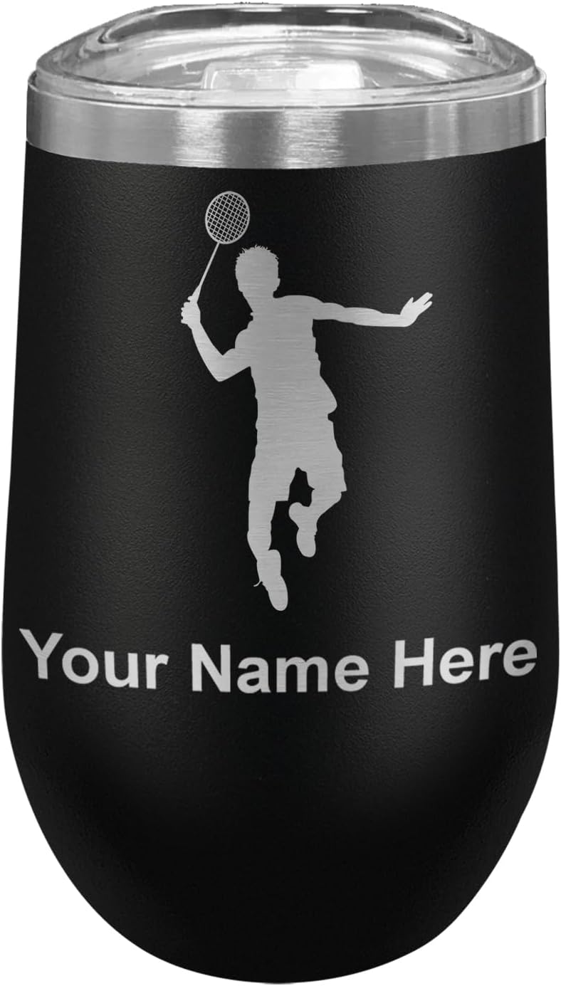 LaserGram 16oz Double Wall Stainless Steel Wine Glass Tumbler, Badminton Player, Personalized Engraving Included (Black)