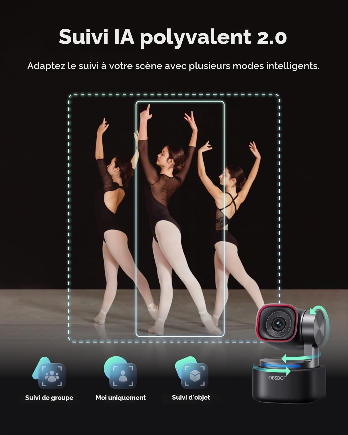 OBSBOT Tiny 3 avec Tépied, PTZ 4K Webcam avec Audio Spatial, 1/1,28" Sensor