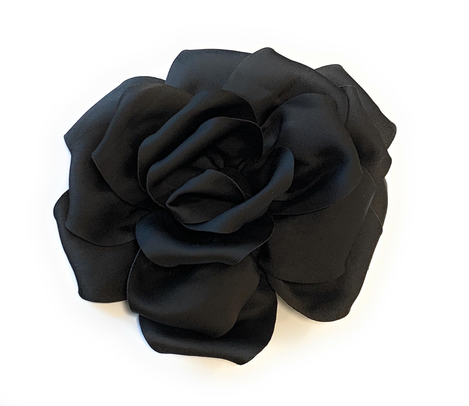 Large Rose Fascinator Corsage Hair Clip and Brooch Pin, Satin Flower, Multi-Colour Options (Black)