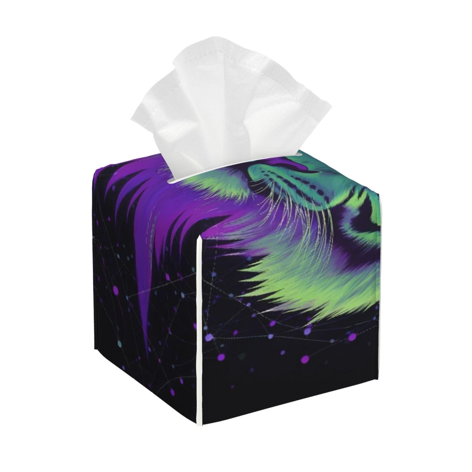 Space Tiger Trippy Art Leather Tissue Box Cover Holder Square Facial Paper Organizer 5.2" X 5.2" X 5.2"