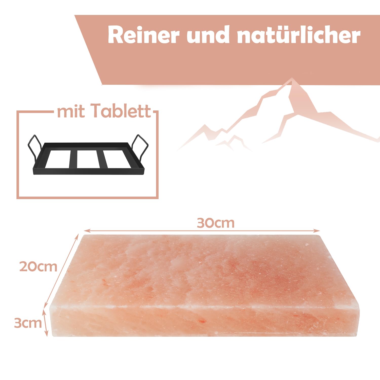 Pierre de sel XXL pour griller 20 x 30 x 3 cm avec plaque de fer réutilisable