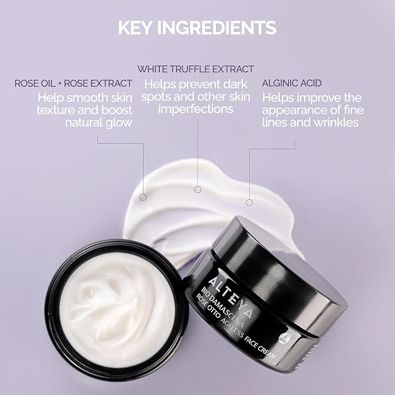 Alteya Organics Face Cream Certified Organic Skin Care 1.7 Fl Oz/50 mL Bio Damascena Award-Winning Ageless Rose Otto Face Moisturizer With Organic Bulgarian Rose Oil Firming, Deeply hydrating and Brightening