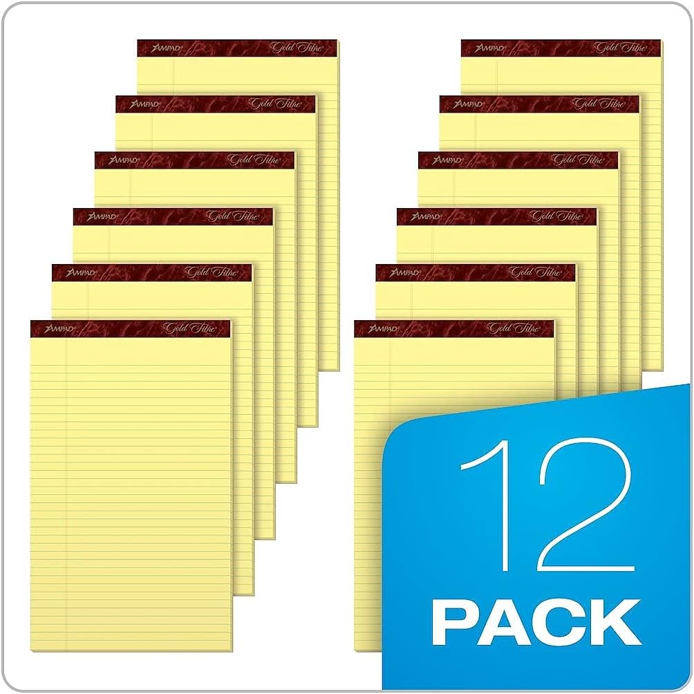 Ampad Gold Fibre Writing Pads, 8-1/2" x 14", Legal Rule, Canary Paper, 50 Sheets, 12 Pack (20-030R)