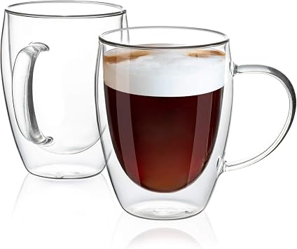 MEWAY 12oz/2 PACK Coffee Mugs,Clear Glass Double Wall Cup with handle for Coffee, Tea, Latte, Cappuccino 12 oz,2