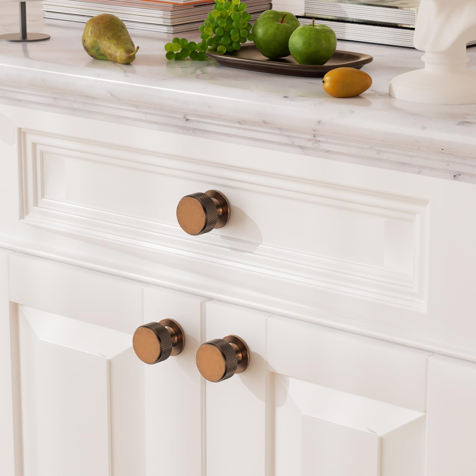 FURNIWARE Pack of 10 Furniture Knobs, Antique Brass, Knurled Cabinet Handles, Vintage Kitchen Handles, Aluminium Drawer Knobs - Image 2