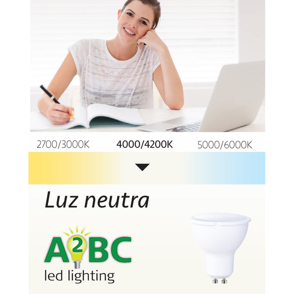 Pack 10 x Bombilla LED GU10 8W (equivalente a 50W) Luz neutra (4000K) no dimmable. GU10. 702 Lm. 25000 horas de vida. Encendido ultrarrapido (encendido al 100% en 0,5 sg).
