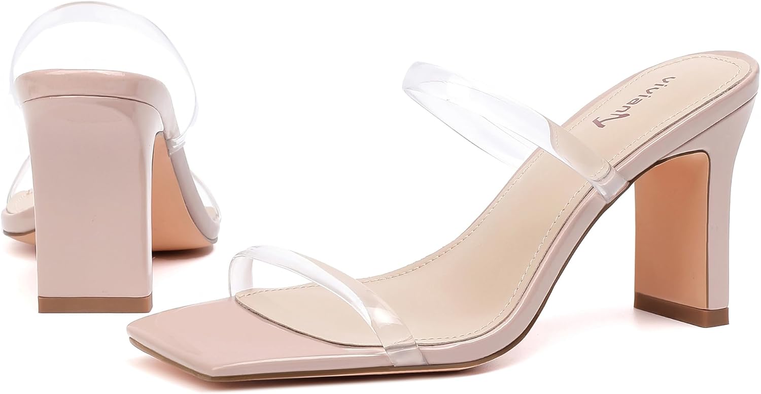 vivianly Womens Chunky Heels 3.15 Inch Square Toe Heeled Sandals Slip On Block Heels Sandals Two Strap Heeled Mules - Image 2