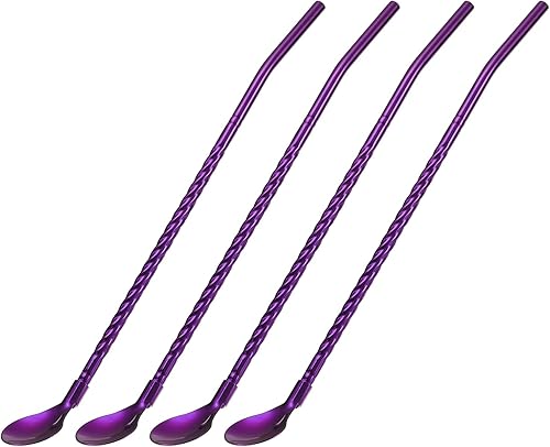 Miniatura 8 de uxcell Pajitas de cuchara de acero inoxidable, 4 pajitas de metal reutilizables de 8.6 pulgadas de mango largo, cucharas para batidos y cócteles,