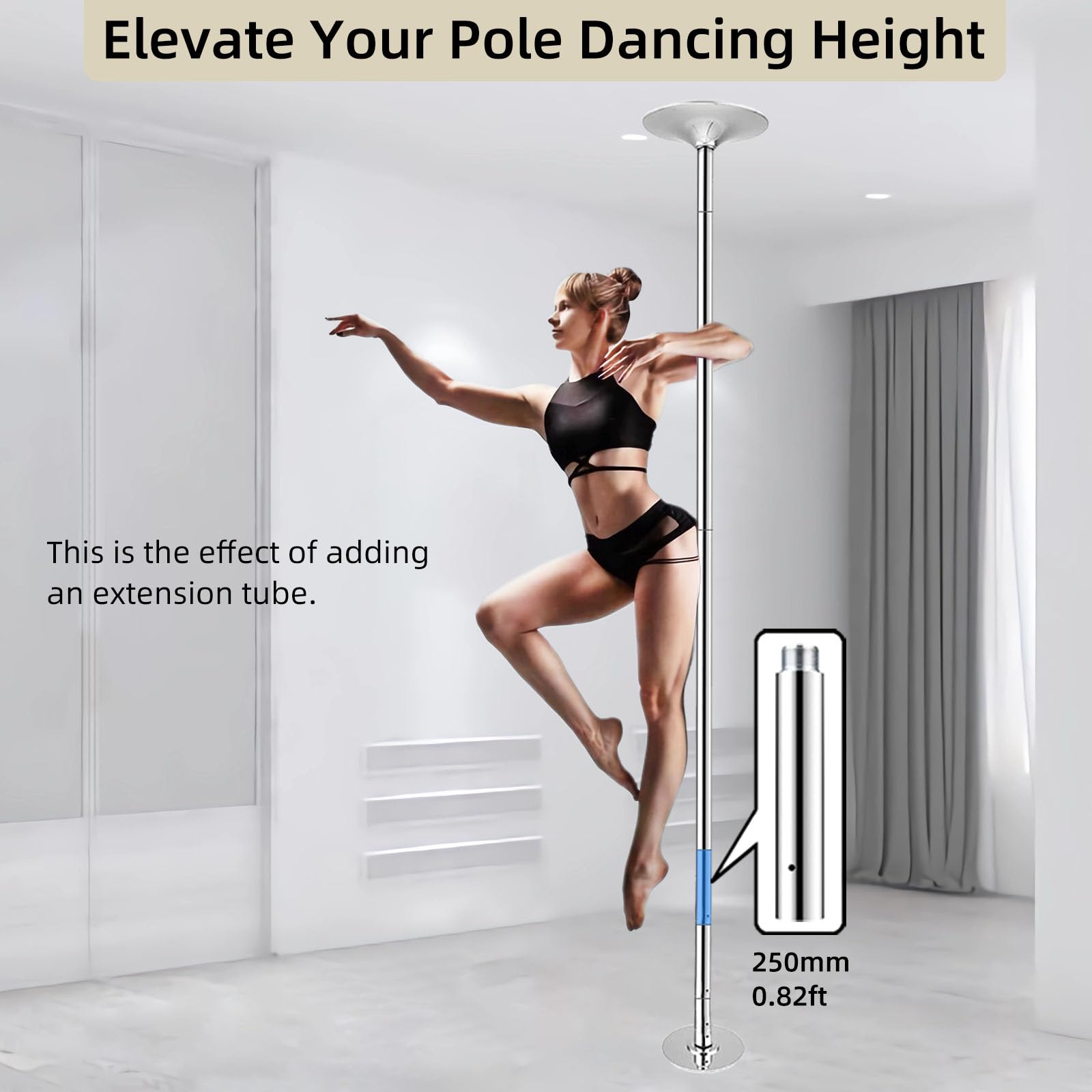 Rallonge de pole dance de qualité professionnelle, 125 mm pour pole dance de 45 mm, hauteur réglable avec installation facile et accessoire de connexion lisse, argenté