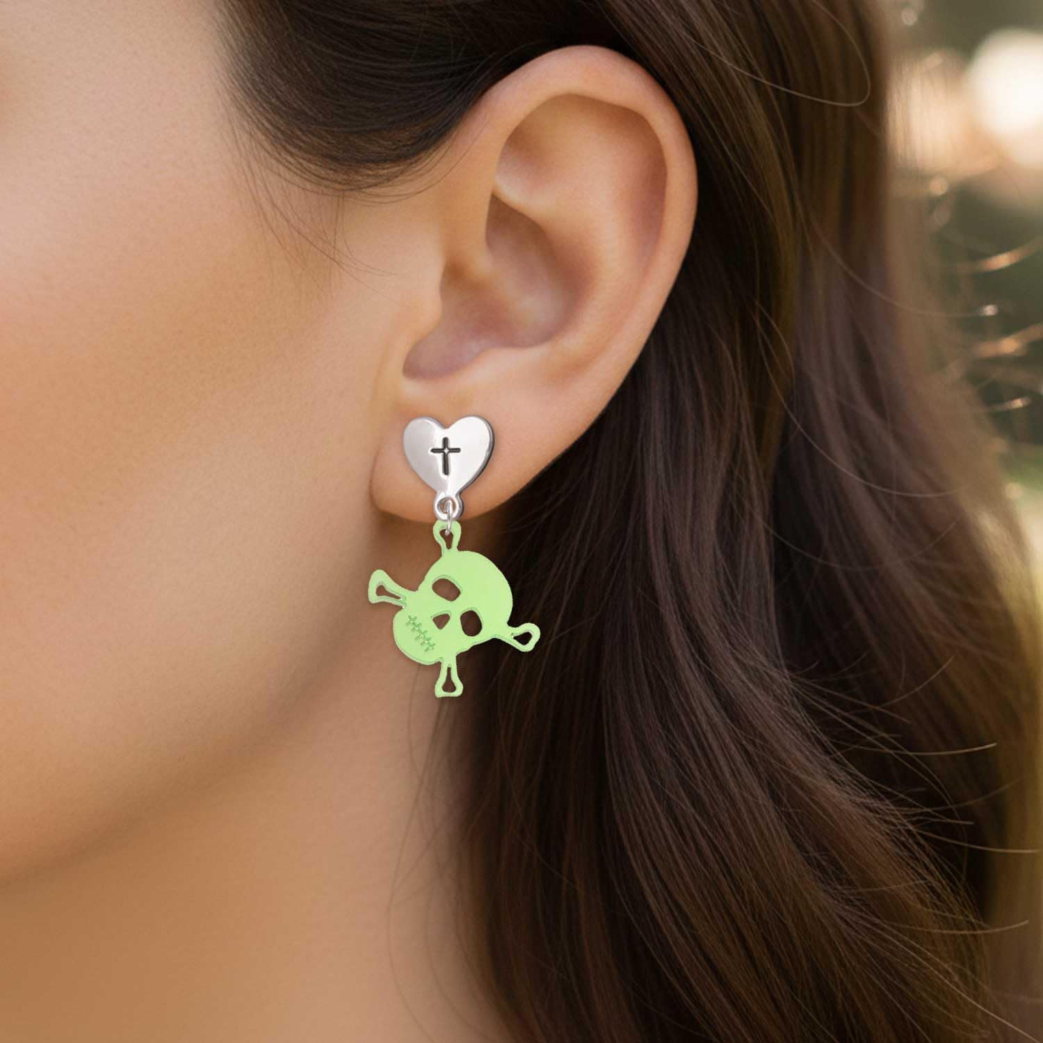 Delight Jewelry Acrylic Small Skull Silvertone Cross in Heart Post Dangle Earrings
