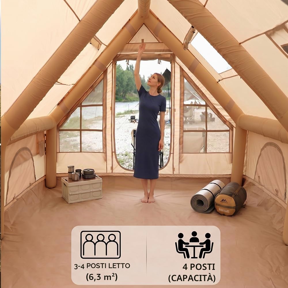 Tenda gonfiabile, tenda da campeggio con lucernario, tenda gonfiabile per 2-4 persone con pompa ad aria, tessuto Oxford impermeabile per stagioni, montaggio rapido, tenda familiare