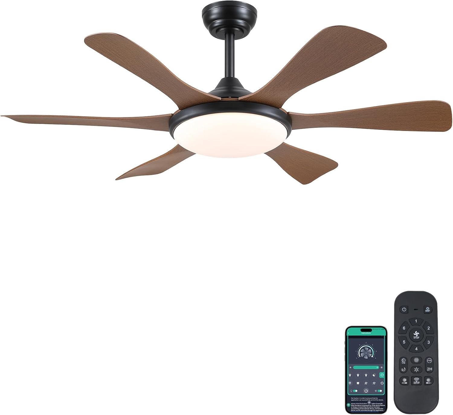 Surtime 47-inch brown ceiling fan with light, remote control, and smartphone app interface